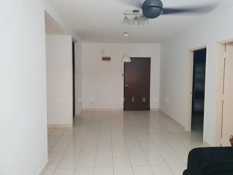 Room features: white painted walls, glossy ceramic tile flooring, ceiling fan, recessed downlights, single pendant light, door with wood finish, two doorways, air conditioning unit on wall; style: modern.