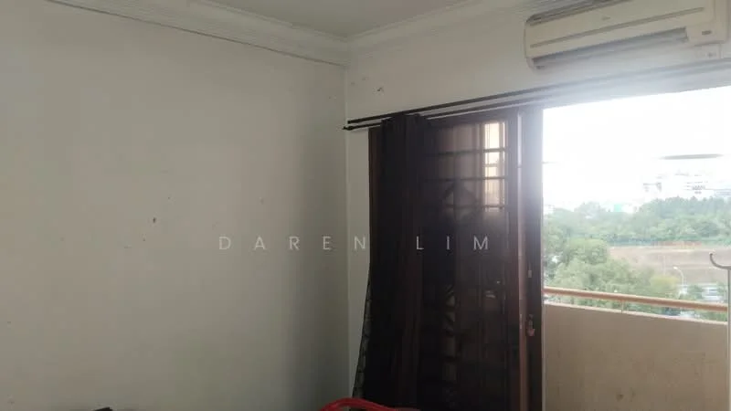 Room features: white painted walls, ceiling with crown moulding, floor-to-ceiling window, sliding glass door, blackout curtains, 1 wall-mounted split AC; view: garden.