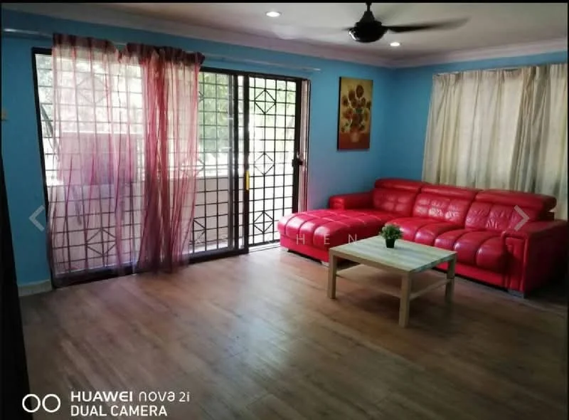Living features: red leather sectional sofa, wooden coffee table, light wood laminate flooring, blue painted walls, white sheer curtains, black ceiling fan, wall-mounted artwork, sliding glass door, grille door, natural light from windows; style: modern; view: garden.