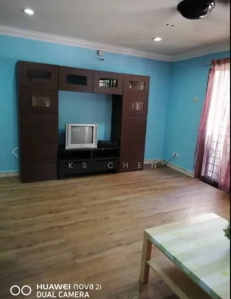 Living features: blue painted walls, laminate flooring, built-in entertainment unit with storage, television, window with sheer curtains, ceiling light fixture, wall-mounted electrical outlets, decorative wall paneling; style: modern.