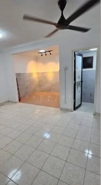 Room features: white painted walls, tile flooring, ceiling fan, recessed downlights, door leading to another room, window, light-colored wall tiles, dark-colored wall tiles; style: modern.