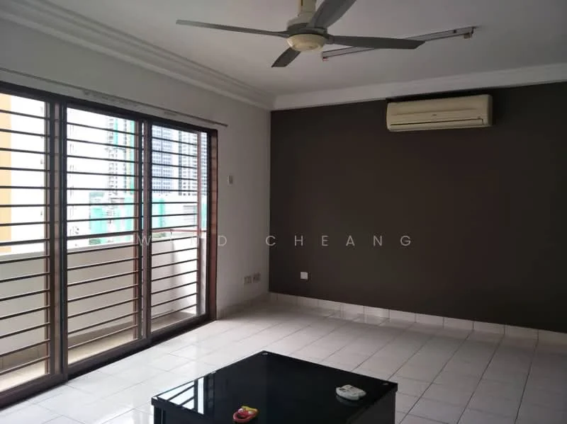 Living features: white painted walls, grey accent wall, ceramic tile flooring, 5-blade ceiling fan, wall-mounted air conditioning unit, floor-to-ceiling windows, sliding glass door, black coffee table; style: modern; view: city.