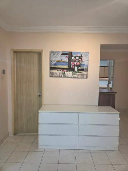Room features: cream painted walls, white cabinetry with drawers, framed artwork on wall, tile flooring, wooden door, window with sheer curtains, neutral color scheme; style: modern.