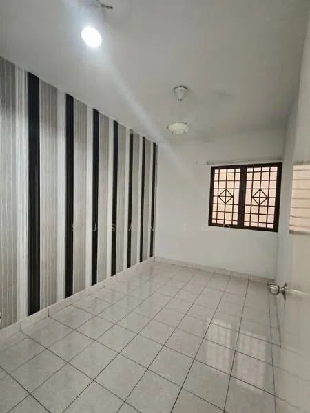 Room features: white painted walls, striped wallpaper, tile flooring, ceiling light fixture, window with grid pattern, neutral color scheme; style: modern.