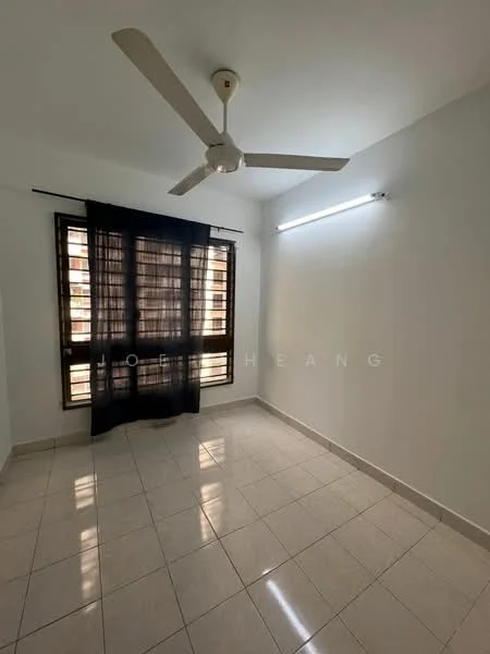 Room features: white painted walls, glossy ceramic tile flooring, ceiling fan, window with black curtains, LED strip lighting, natural light from windows; style: modern.