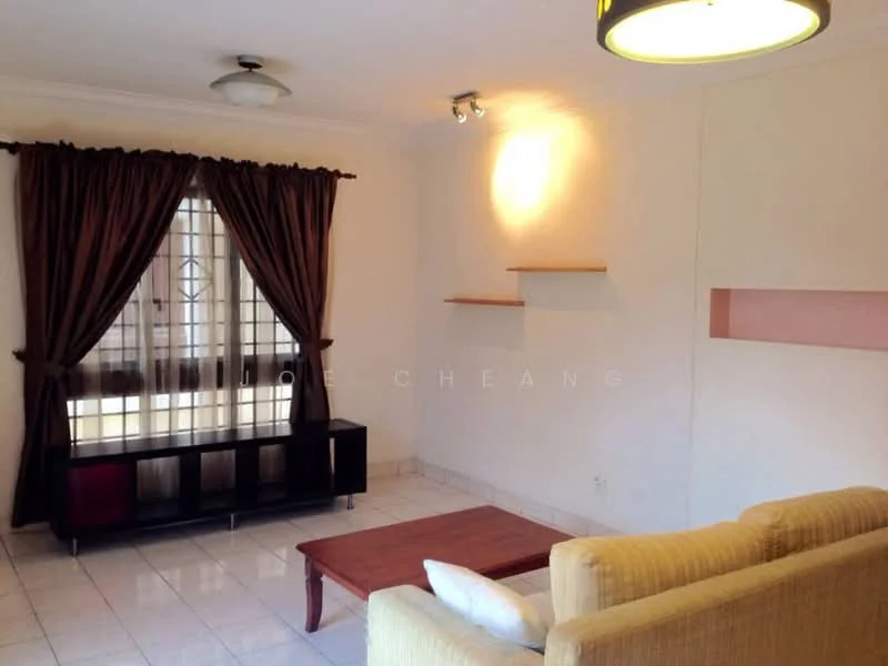 Living features: cream painted walls, white ceiling, recessed downlights, ceiling fan, large window with black-out curtains, wooden coffee table, beige fabric sofa, black TV console, shelves on wall; style: modern.