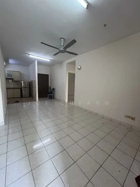 Living features: white painted walls, ceramic tile flooring, 5-blade ceiling fan, recessed lighting, open layout, kitchen area visible, single wall with door, no visible furniture.