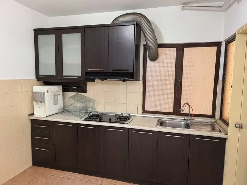 Kitchen features: dark wood cabinetry, white countertop, double-bowl stainless-steel sink, chrome pull-down faucet, built-in gas hob with two burners, exhaust hood, tile backsplash, tile flooring, window with grid pattern, water dispenser, ventilation duct; style: modern.