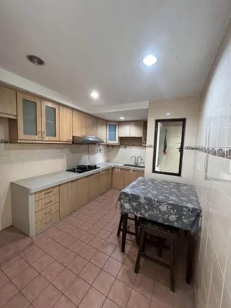 Kitchen features: light wood cabinetry, white countertop, stainless-steel sink, chrome faucet, built-in gas stove, exhaust hood, tile backsplash, ceramic tile flooring, wall-mounted mirror, dining table with floral tablecloth, wooden dining chairs, recessed ceiling lights; style: modern.
