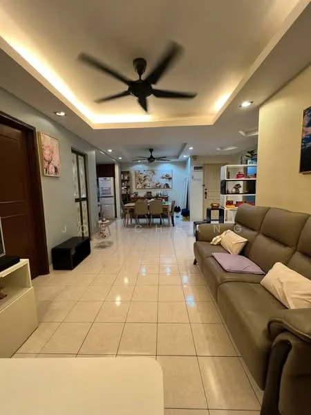 Living features: 3-seater leather sofa in grey, 2 decorative pillows on sofa, coffee table, wall-mounted TV, ceiling fan with light, recessed downlights, white painted walls, glossy tile flooring, decorative artwork on wall, open layout to dining area, dining table with chairs visible in background; style: modern.