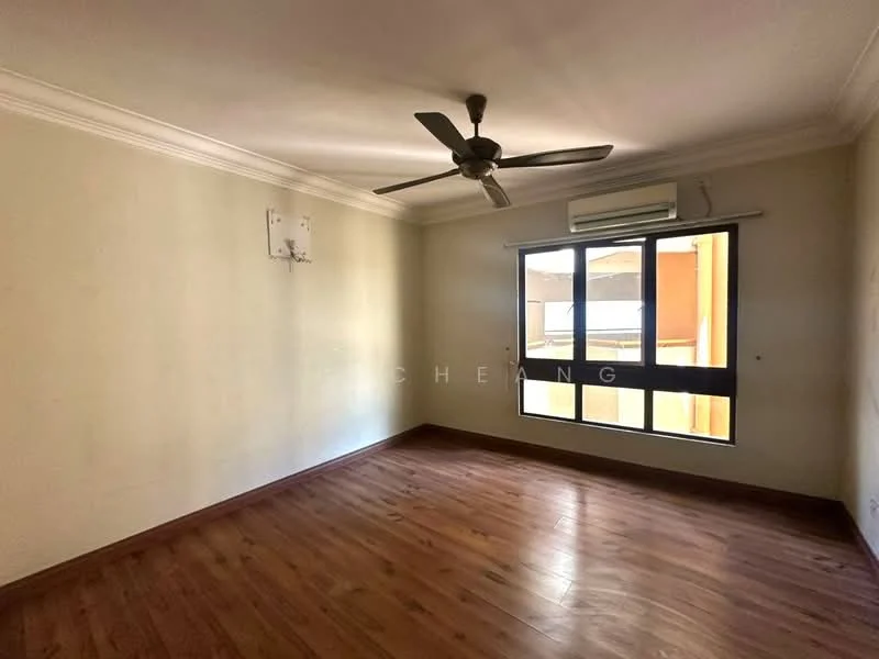 Room features: cream painted walls, laminate flooring, 5-blade ceiling fan, wall-mounted air conditioning unit, floor-to-ceiling windows, blackout window treatments.