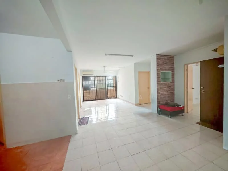 Living features: white painted walls, tile flooring, ceiling light fixture, air conditioning unit, large window with grid pattern, sliding glass door, wooden door, decorative wall paneling, open layout, neutral color scheme; style: modern. Room features: white painted walls, tile flooring, wooden door, neutral color scheme.