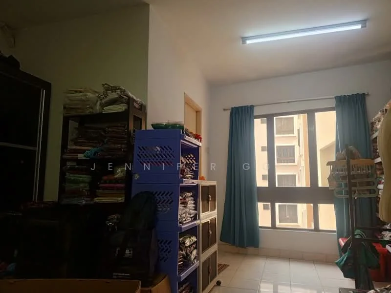Room features: white painted walls, tile flooring, large window with city view, blue curtains, shelves with folded clothes, storage bins, ceiling light fixture, open space layout; view: city.