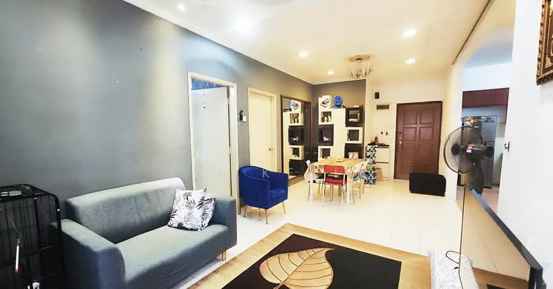 Living features: grey accent wall, white painted walls, tile flooring, 5-blade ceiling fan with light, sofa in grey fabric, blue accent chair, coffee table, area rug with leaf pattern, open shelving unit, dining table with chairs, decorative wall art, wall-mounted TV, cage for pet, doorway to other rooms; style: modern.