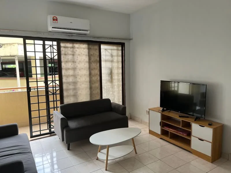 Living features: 2-seater grey fabric sofa, 3-seater grey fabric sofa, white round coffee table, TV console with storage, wall-mounted flat-screen TV, floor-to-ceiling sliding glass door, black metal grille, air conditioning unit, cream tiled flooring, light grey painted walls; style: modern.