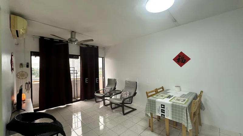 Living features: white painted walls, glossy tile flooring, 5-blade ceiling fan, floor-to-ceiling windows, blackout curtains, 2 armchairs in grey, small dining table with 4 chairs, decorative wall art, round table with tablecloth, balcony access, natural light from window, wall-mounted air conditioning unit; style: modern; view: city.