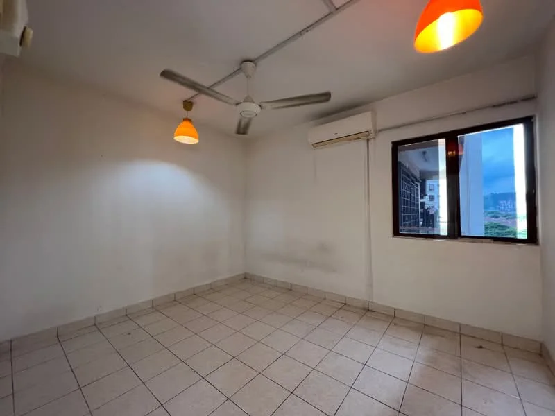 Room features: white painted walls, tile flooring, 2 ceiling fans, 2 pendant lights, 1 wall-mounted split AC, window with view, corner of room with visible stains.