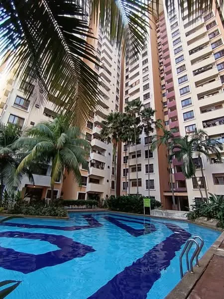 Exterior type: high-rise condominium; features: swimming pool, pool deck with loungers, tropical landscaping, mature palm trees, manicured garden, multiple storeys, balconies on upper floors, glass windows, decorative water feature; style: modern.
