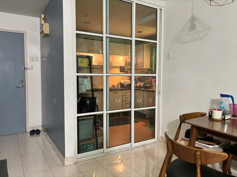 Room features: glass sliding door with metal frame, white walls, tile flooring, dining table with wooden legs, wooden dining chairs, kitchen visible through glass door, kitchen cabinetry, kitchen countertop, appliances visible in kitchen, light fixture hanging from ceiling; style: modern; view: kitchen.