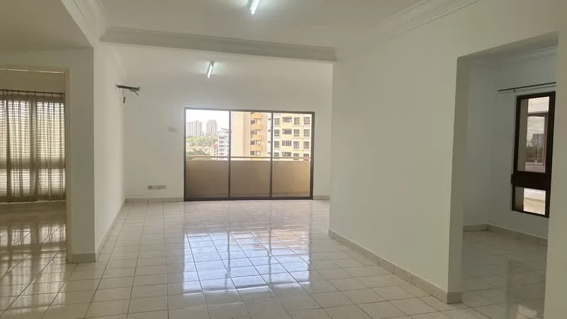 Room features: white painted walls, glossy tile flooring, recessed ceiling lights, large windows, balcony access, neutral color scheme, open layout, natural light; style: modern; view: city.