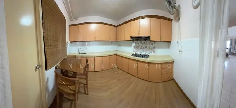 Kitchen features: light wood cabinetry, cream countertop, stainless-steel gas hob, exhaust hood, white tiled backsplash with floral pattern, single-bowl stainless-steel sink, wooden dining chairs, laminate flooring, window with bamboo blinds, wall-mounted air conditioning unit; style: traditional.
