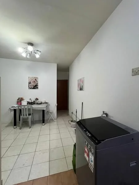 Laundry features: white painted walls, tile flooring, ceiling light fixture with multiple bulbs, washing machine, dining table with chairs, decorative wall art, open space layout; style: modern.