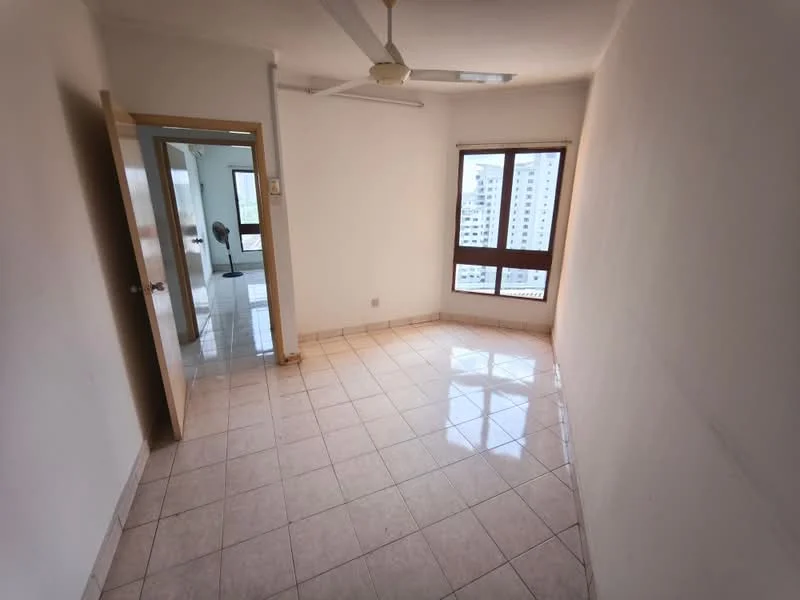 Room features: white painted walls, glossy ceramic tile flooring, ceiling fan, large window with city view, door leading to another room, natural light from window; view: city.