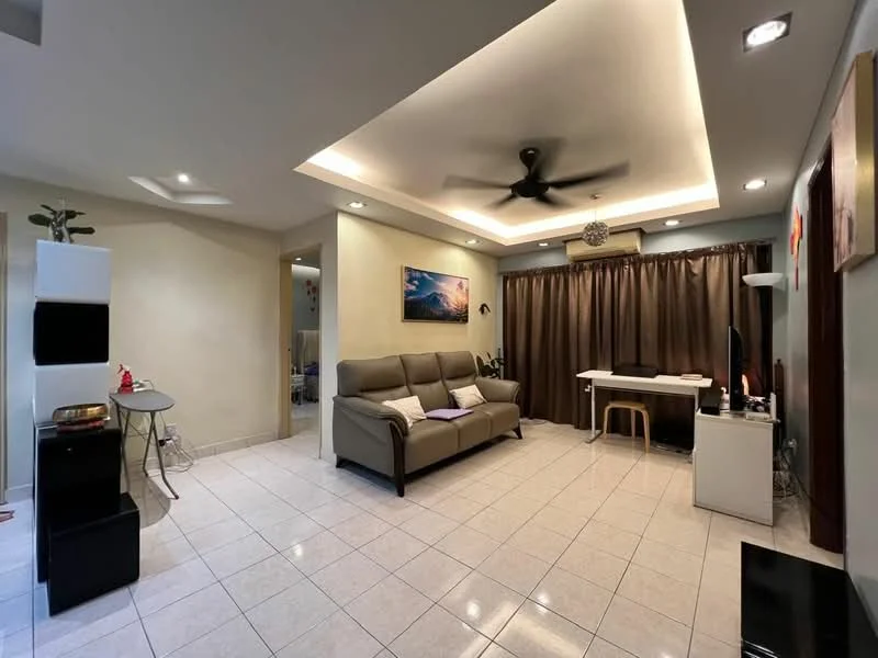 Living features: cream painted walls, white ceiling with recessed lighting, 5-blade ceiling fan with light, tile flooring, sofa in light grey fabric, coffee table, TV console, wall-mounted TV, decorative artwork on wall, curtains in dark brown, study desk with chair, potted plant on shelf; style: modern.