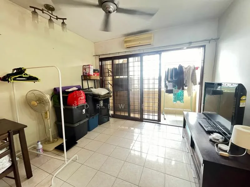Room features: ceiling fan, wall-mounted air conditioning unit, sliding glass door, floor-to-ceiling windows, tile flooring, light-colored painted walls, wooden TV console, black television, clothes drying rack, storage boxes, folding table, decorative wall clock; style: minimalist.