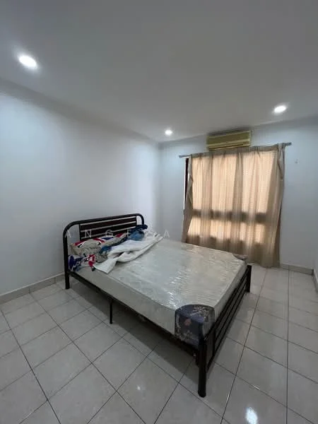 Bedroom features: queen-size bed, metal bed frame, white painted walls, tile flooring, 2 windows with sheer curtains, 1 wall-mounted split AC, recessed ceiling lights, light-colored bedding, decorative throw pillows; style: modern.