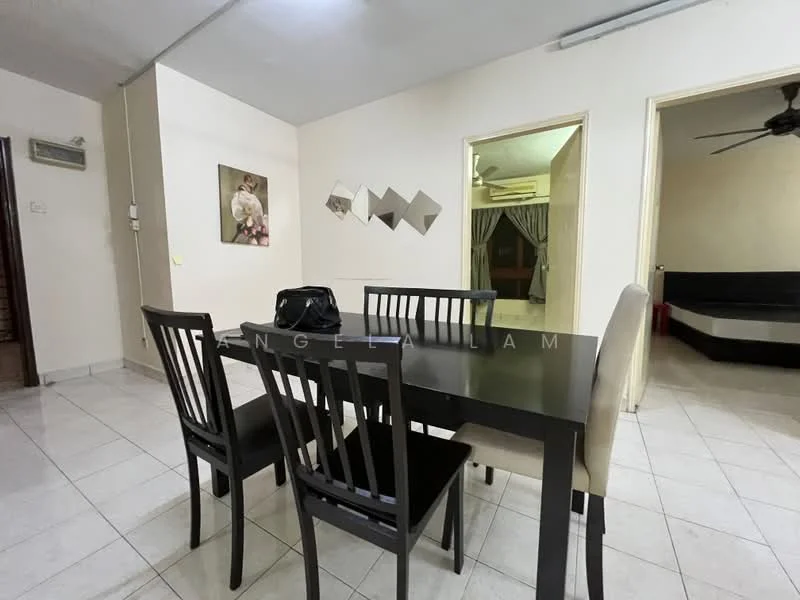 Dining features: black dining table, 6 dining chairs, white walls, tile flooring, ceiling fan, wall-mounted air conditioning unit, decorative wall mirrors, doorway leading to another room; style: modern. Room features: white walls, tile flooring, doorway leading to living area.