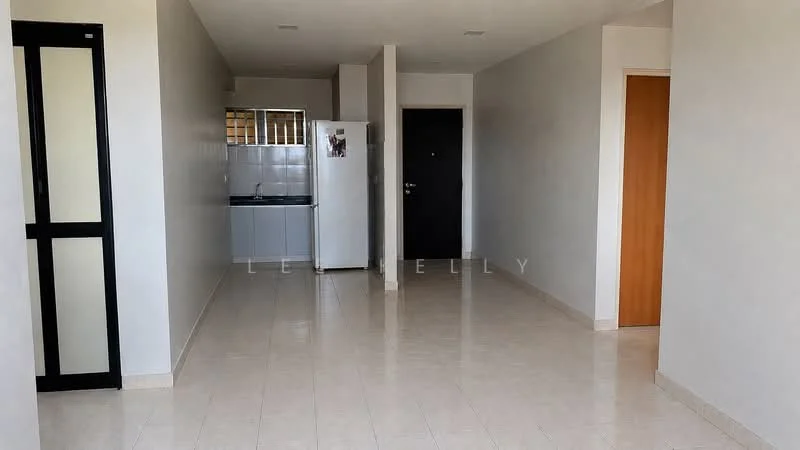 Room features: white painted walls, tile flooring, refrigerator, kitchenette with sink, door leading to hallway, door leading to entrance, large windows, neutral color scheme; style: modern.