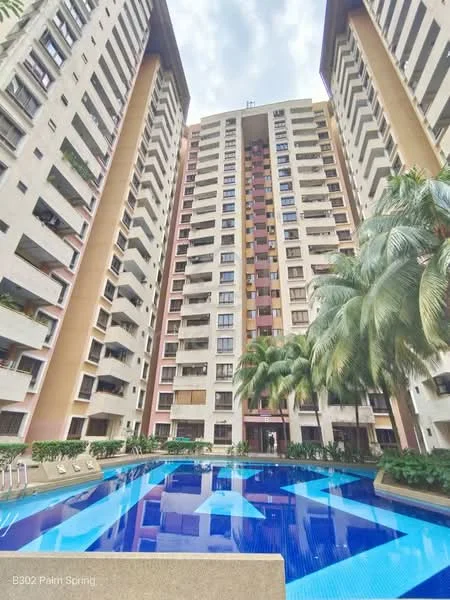 Exterior type: high-rise condominium; features: swimming pool with geometric design, palm trees surrounding the pool area, multiple-storey building, balconies on each floor, glass windows, landscaped garden area, pool deck with loungers, modern architectural design; style: modern.