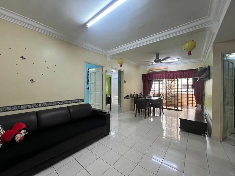 Living features: black leather sofa, white tiled flooring, cream painted walls, crown moulding, ceiling fan with light, wall-mounted TV cabinet, decorative wall with butterflies, window with grille, dining table with chairs, red curtains; style: modern.