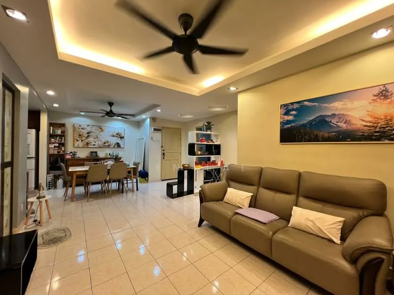 Living features: 3-seater leather sofa in beige, coffee table, wall-mounted TV, ceiling fan with light, recessed downlights, tile flooring, decorative wall art, open shelving unit, dining table with chairs, kitchen area visible in background; style: modern.
