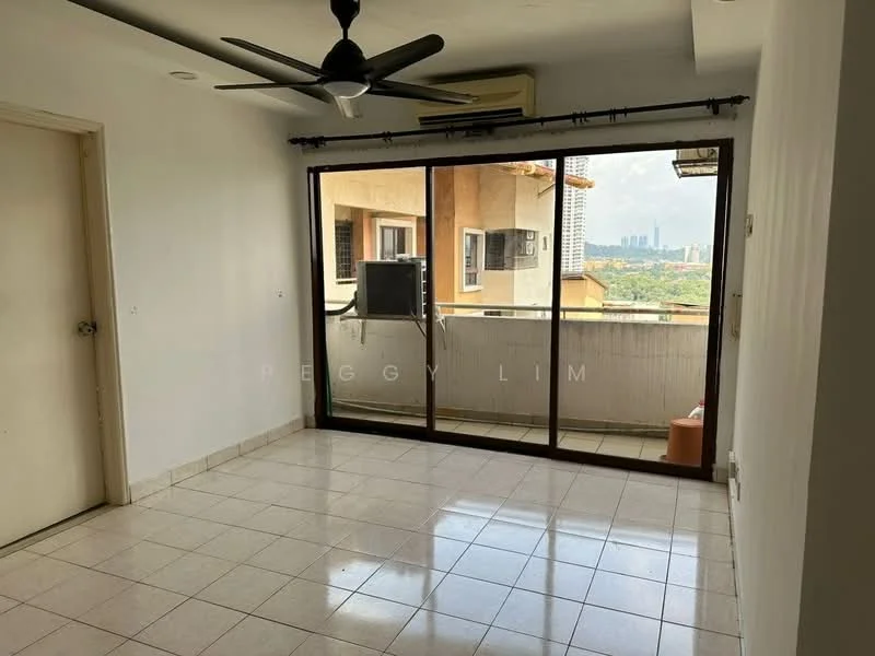 Living features: white painted walls, tile flooring, 5-blade ceiling fan, floor-to-ceiling windows, sliding glass door, air conditioning unit, curtain rod, balcony view; view: city.