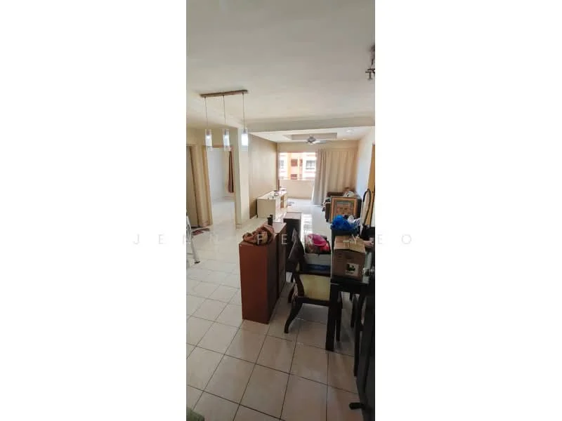 Room features: white painted walls, tile flooring, ceiling fan, large windows with sheer curtains, dining table with chairs, wooden sideboard, open layout, natural light from windows; style: modern; view: city.