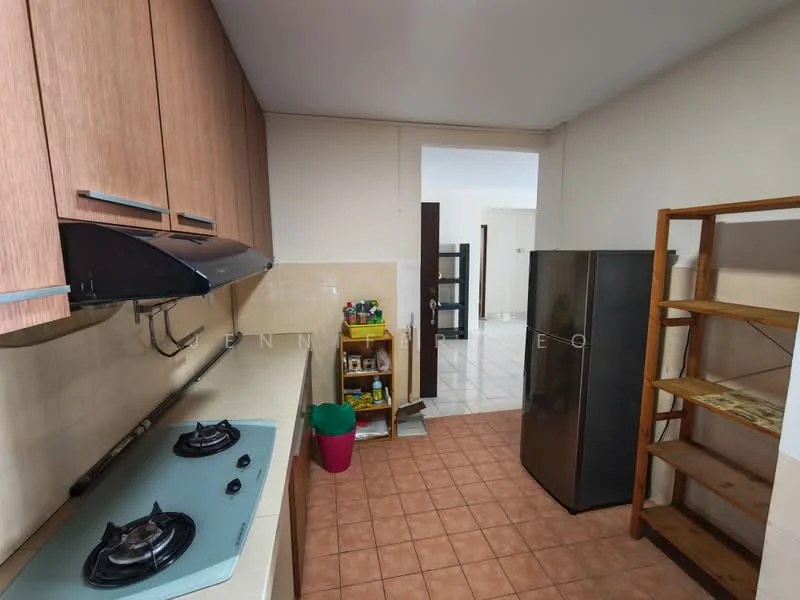 Kitchen features: brown wooden cabinetry, white tiled backsplash, stainless-steel gas hob, stainless-steel range hood, single-bowl stainless-steel sink, black refrigerator, open shelving unit, pink trash bin, ceramic tile flooring, neutral painted walls; style: modern.