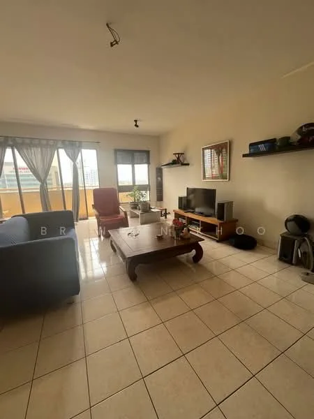 Living features: floor-to-ceiling windows, grey fabric sofa, red armchair, wood coffee table, TV console, wall-mounted TV, shelves with decor items, ceramic tile flooring, curtains, light fixture on ceiling; style: modern; view: city.