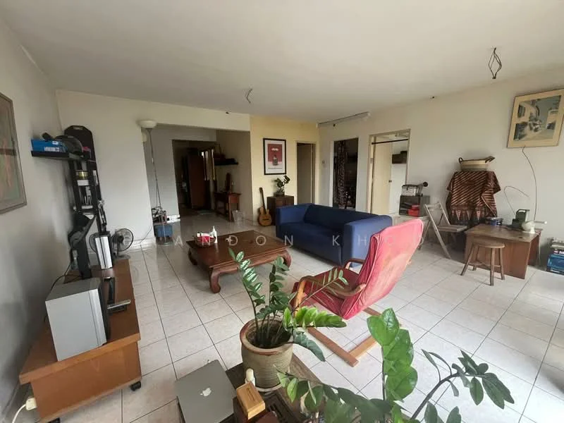 Living features: blue fabric sofa, red armchair, wooden coffee table, TV console, wall-mounted TV, ceramic tile flooring, white painted walls, floor lamp, houseplants in ceramic pots, framed artwork on wall, open layout, natural light from windows; style: contemporary.
