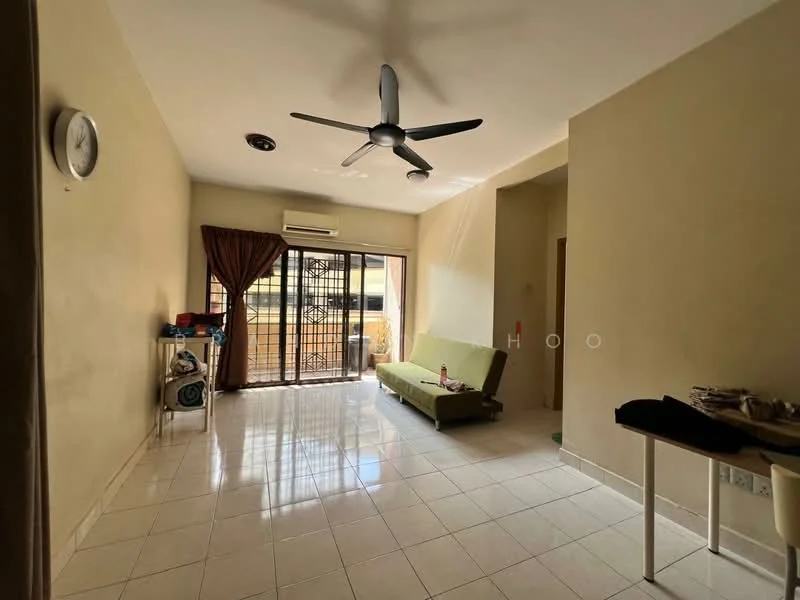 Living features: cream painted walls, glossy white tile flooring, 5-blade ceiling fan with light, floor-to-ceiling sliding glass door, curtains, green fabric sofa, wall-mounted clock, air conditioning unit, coffee table, open space layout; style: modern; view: garden.