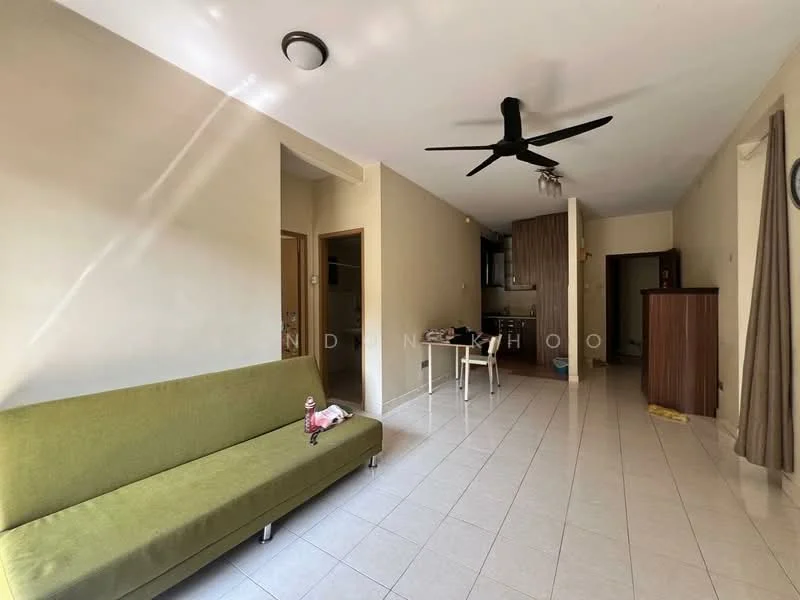 Living features: green fabric sofa, ceiling fan, white tiled flooring, neutral painted walls, recessed ceiling lights, open layout to kitchen, wall-mounted cabinet, natural light from windows; style: modern. Room features: doorway to adjacent room, kitchen area visible in background.