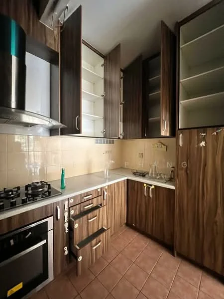 Kitchen features: brown wooden cabinetry, open shelving, stainless-steel range hood, 4-burner gas hob, built-in oven, white tiled backsplash, grey countertop, ceramic tile flooring, single-bowl stainless-steel sink, chrome pull-down faucet; style: modern.