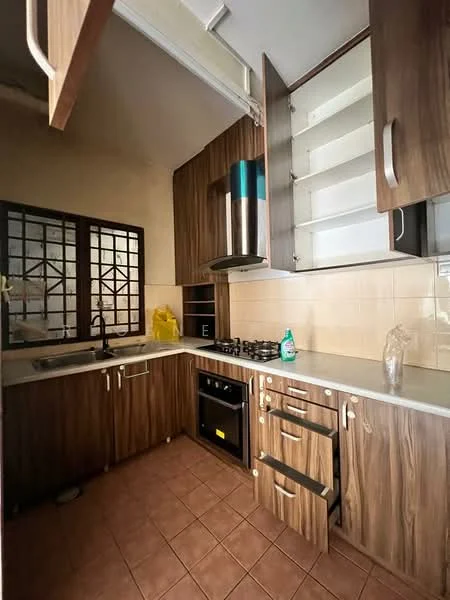 Kitchen features: brown wooden cabinetry, grey countertop, single-bowl stainless-steel sink, chrome pull-down faucet, 4-burner gas hob, built-in oven, exhaust hood, tile backsplash, ceramic tile flooring, window with grid pattern, open shelving, cleaning supplies on countertop; style: modern.