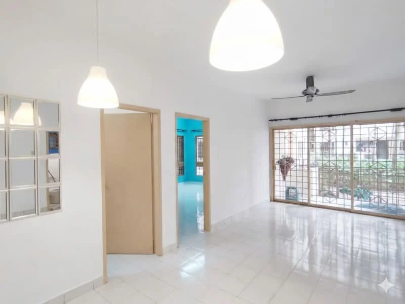 Living features: white painted walls, glossy white tile flooring, 5-blade ceiling fan, two pendant lights, large sliding glass door, grille window, natural light from window, mirror wall decoration; style: modern; view: garden. Room features: white painted walls, glossy white tile flooring, door leading to another room.