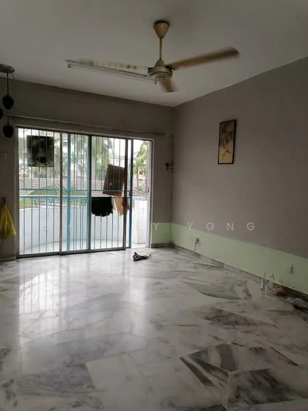 Living features: marble flooring, grey painted walls, green accent wall, 5-blade ceiling fan, floor-to-ceiling sliding glass door, curtains, wall-mounted artwork, natural light from windows.