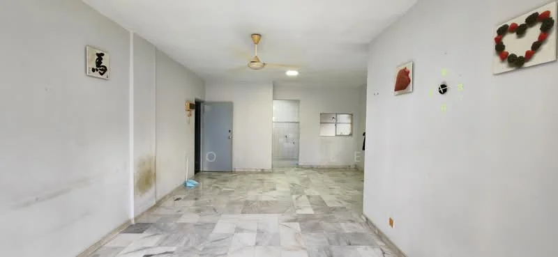 Living features: marble flooring, white painted walls, 5-blade ceiling fan, wall-mounted light fixture, two windows, decorative wall art, open layout, neutral color scheme.
