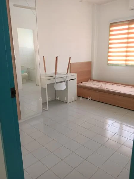 Bedroom features: single bed, wooden bed frame, study desk with drawers, white chair, striped window blinds, white tiled flooring, light-colored walls, built-in wardrobe, mirror on wardrobe door; style: minimalist.