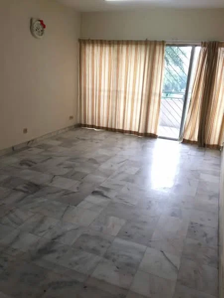 Room features: marble flooring, cream painted walls, floor-to-ceiling windows, sheer curtains, sliding glass door, ceiling light, wall clock.