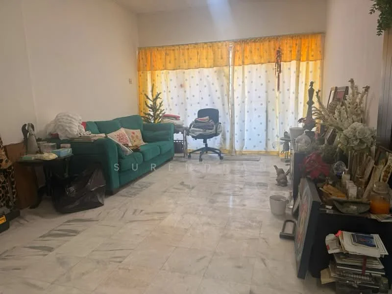 Living features: green fabric sofa, marble flooring, large windows with sheer curtains, yellow curtain, decorative plants, coffee table, bookshelf, wall-mounted decor, armchair, throw pillows, area rug.